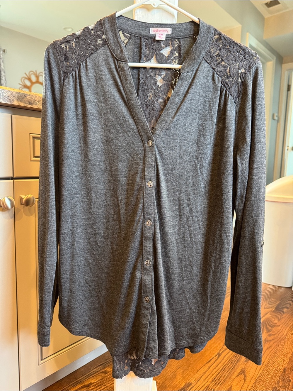 Charcoal Gray Lace-Yoke Button-Down Shirt